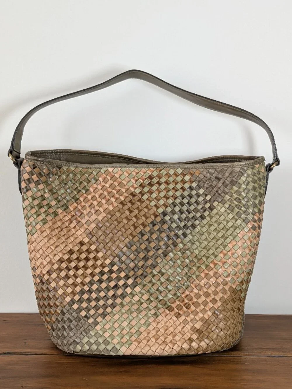 Genuine Leather Woven Tote Bag Multicolor Shoulder Purse Medium Size